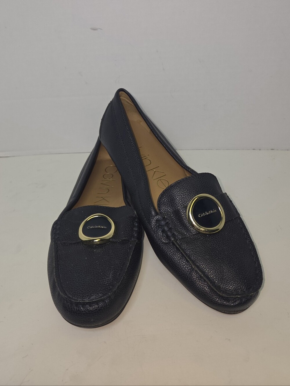 Calvin Klein Navy Blue Leather Loafers with Gold Accent